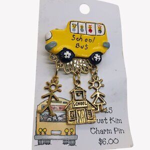 Vtg Ceramic Yellow School Bus Brooch w/Dangles Handmade by Just Kim New on Card